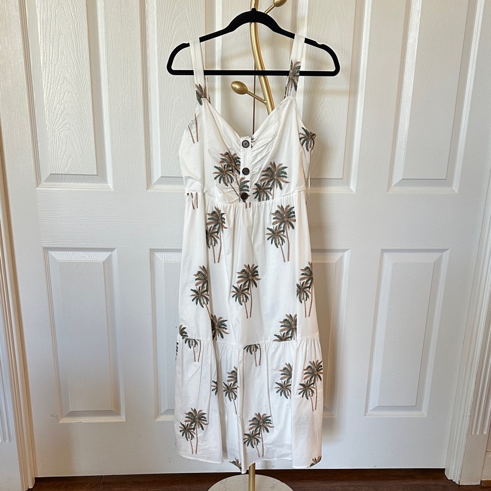 NWT B.Right Palm Boulevard Dress midi tiered sundress w/ embroidered palms L